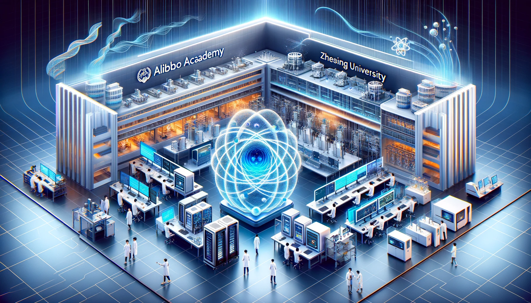 DALL·E 2023-11-27 09.20.17 - Visual representation of the collaboration between Alibaba's Damo Academy and Zhejiang University on quantum technology development. Illustrate a high.png