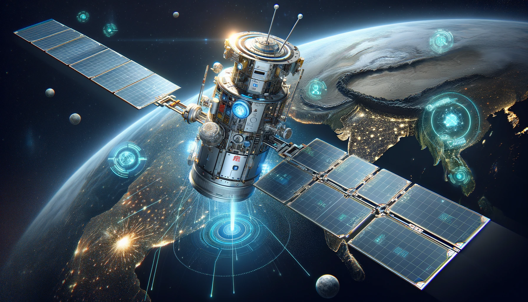 DALL·E 2023-11-27 09.20.20 - Illustration of China's first AI core emergency satellite, showcasing its advanced capabilities. Depict the satellite in orbit around Earth, equipped .png