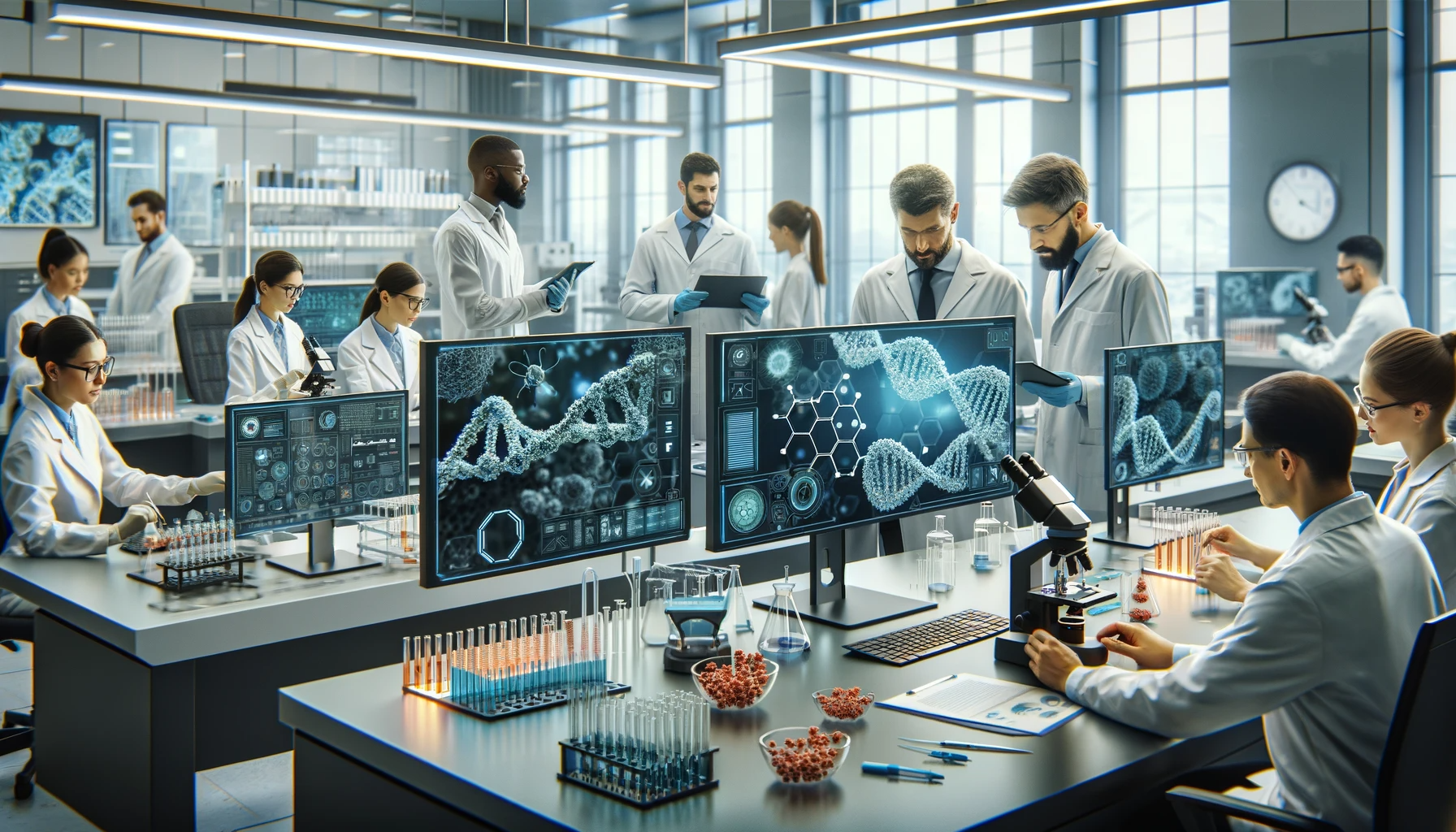 DALL·E 2023-11-30 00.09.44 - A modern biotech laboratory with scientists using advanced AI technology for protein programming and design. The lab is equipped with high-tech equipm.png