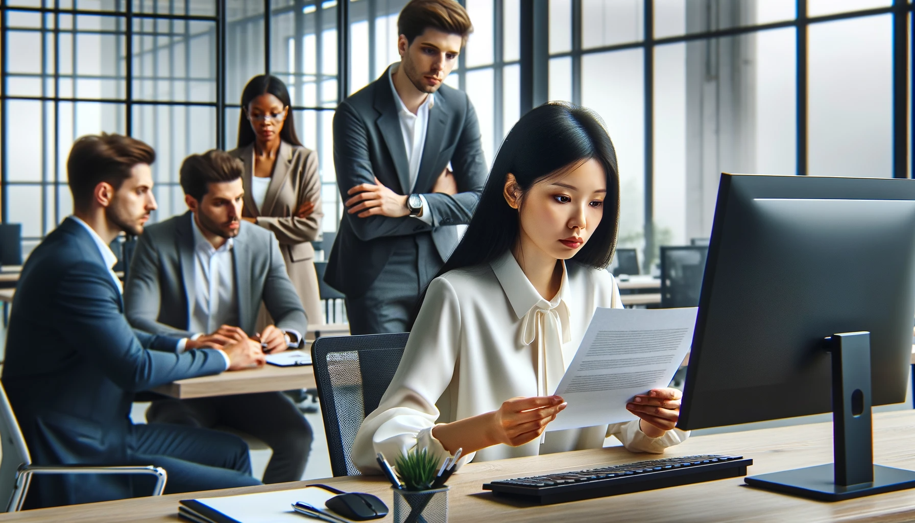 DALL·E 2023-11-30 00.28.47 - A modern corporate office scene with a focus on a group of diverse employees, including an East Asian female employee with delicate features, reacting.png